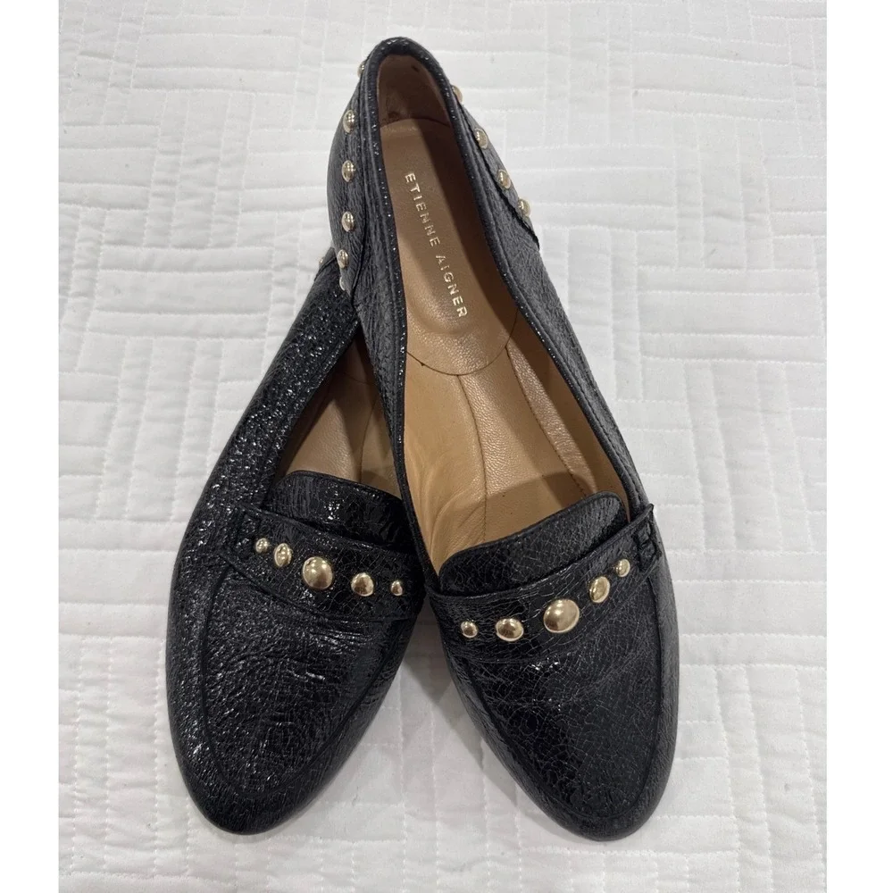 Etienne Aigner Black Crinkle Patent Studded Leather‎ Loafers Made in Spain 8.5 M